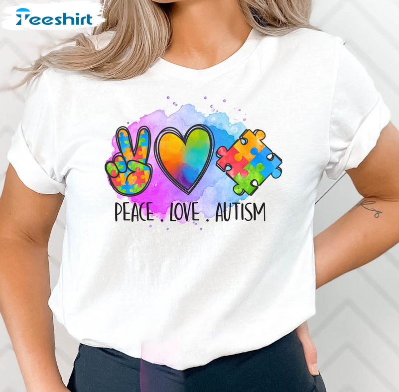 Peace Love Autism Colorful Shirt, Trendy Autism Mom Tee Tops Short Sleeve