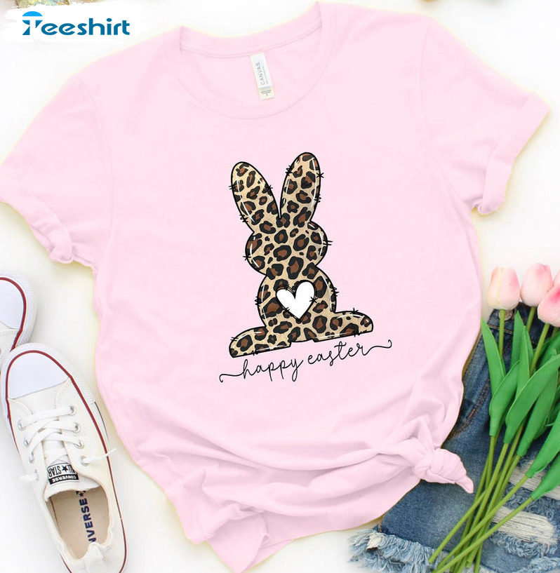 Happy Easter Leopard Bunny Shirt , Easter Bunny Short Sleeve Tee Tops