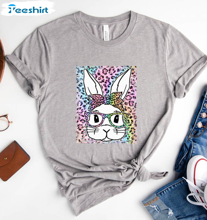 Easter Leopard Bunny Shirt, Bunny With Glasses Unisex Hoodie Short Sleeve