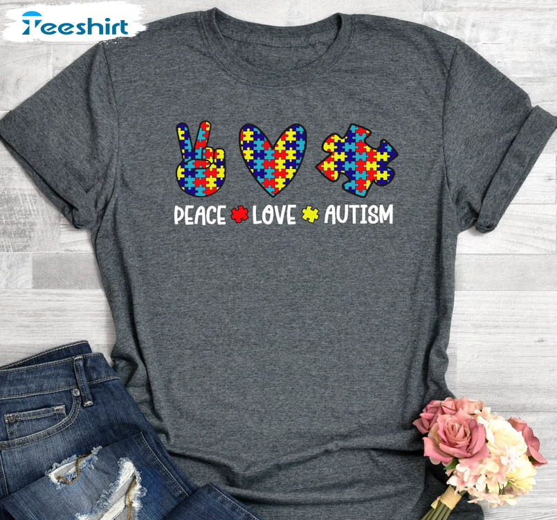 Peace Love Autism Shirt, Autism Awareness Unisex T-shirt Long Sleeve