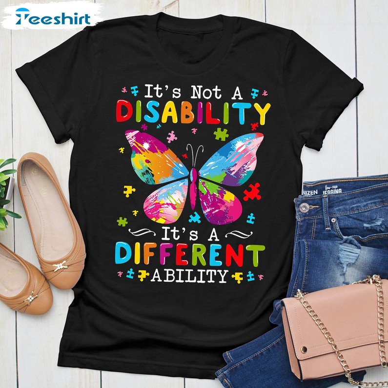 Autism It's Not A Disability It's A Different Ability Shirt, Vintage Autism Butterfly Unisex T-shirt Long Sleeve