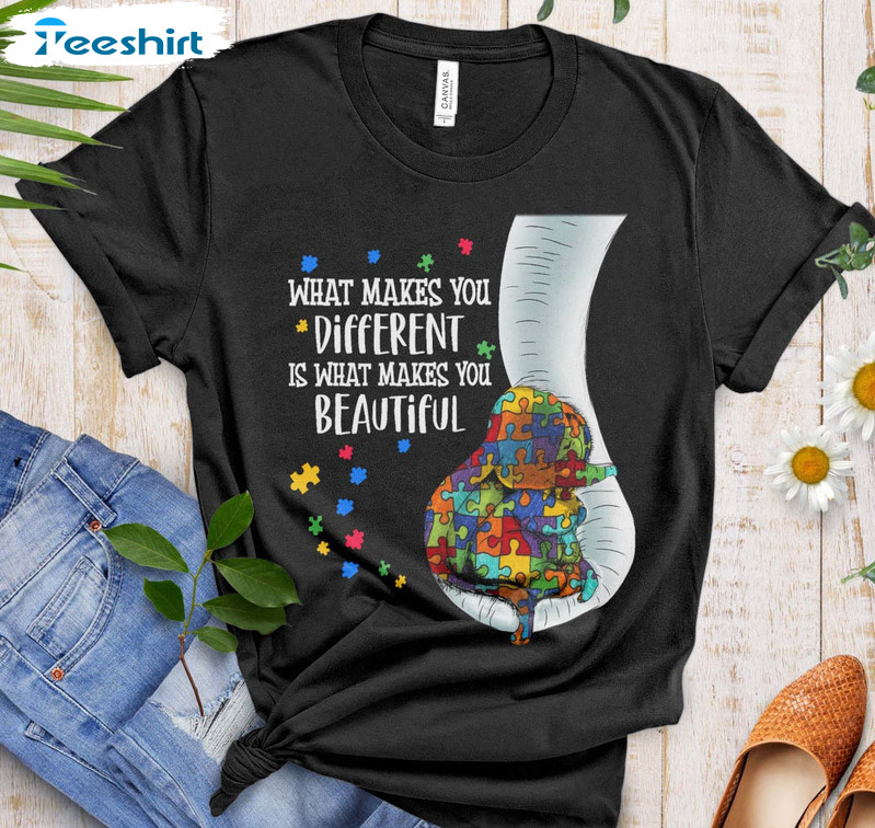 Vintage What Makes You Different Is What Makes You Beautiful Shirt, Autism Elephant Tee Tops Short Sleeve