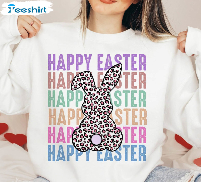 Happy Easter Stacked Cheetah Leopard Shirt, Bunny Rabbit Tee Tops Unisex Hoodie