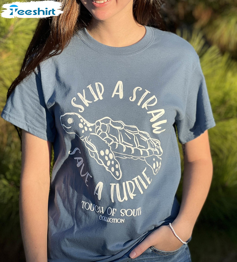 Skip A Straw Save A Turtle Shirt, Trendy Long Sleeve Tee Tops