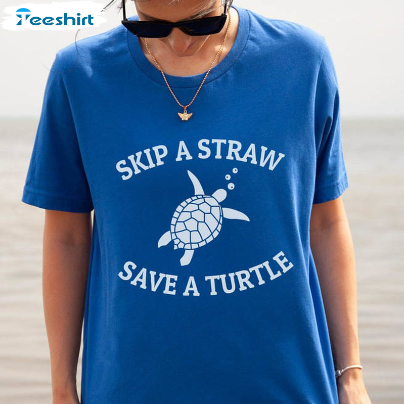 Skip A Straw Save A Turtle Shirt, Trendy Surfing Turtle Sweatshirt Long Sleeve