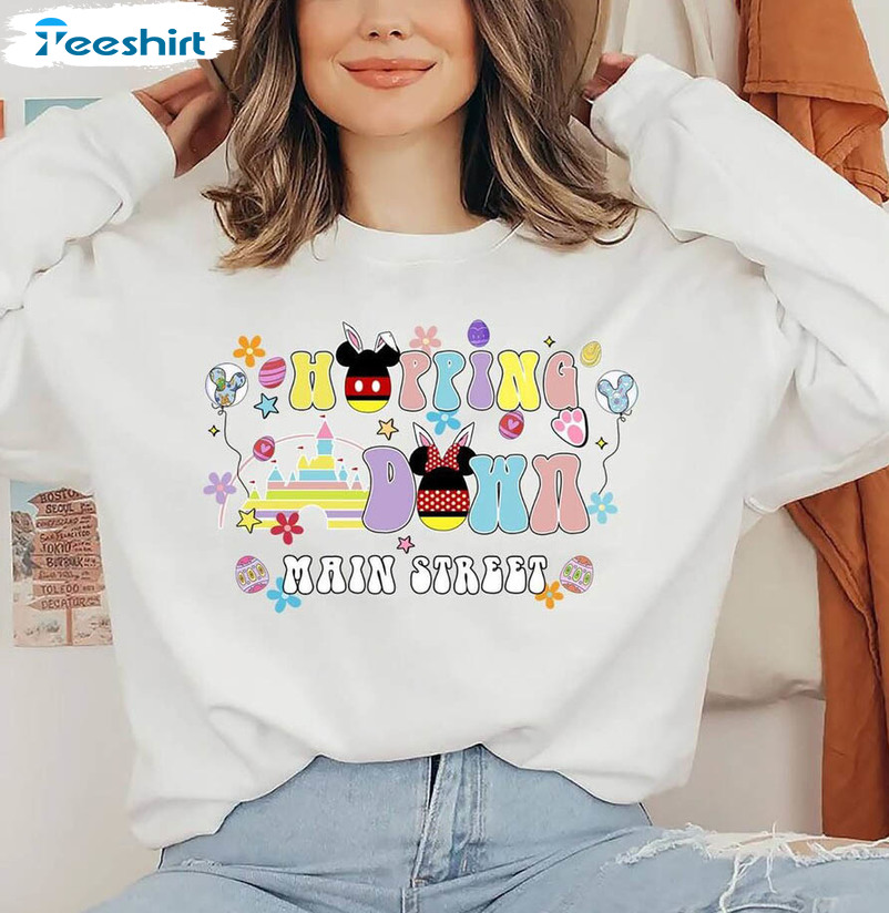 Hoppin Down Main Street Family Shirt, Trendy Easter Egg Crewneck Unisex T-shirt