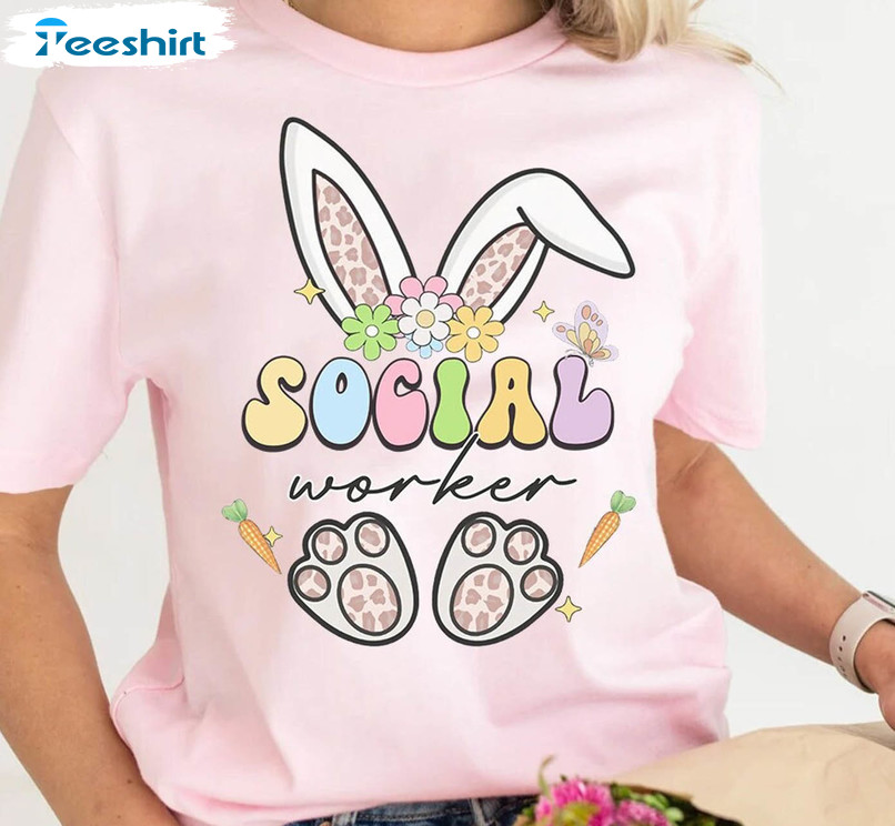 Retro Social Worker Easter Shirt, Leopard Bunny Crewneck Unisex T-shirt