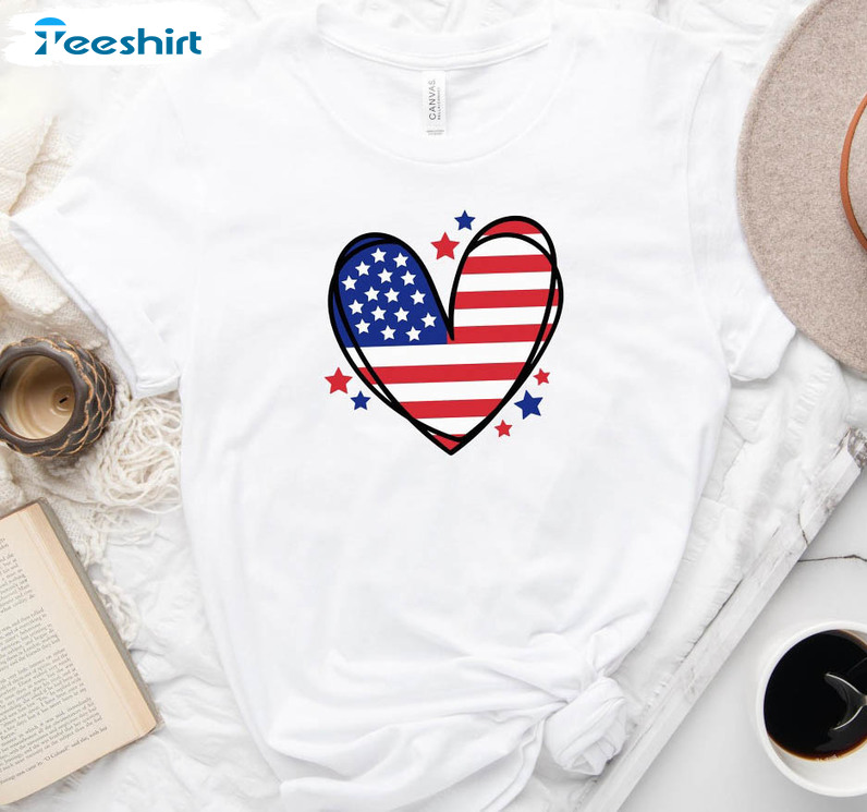 American Flag Heart Trendy Shirt, Patriotic Unisex Hoodie Short Sleeve