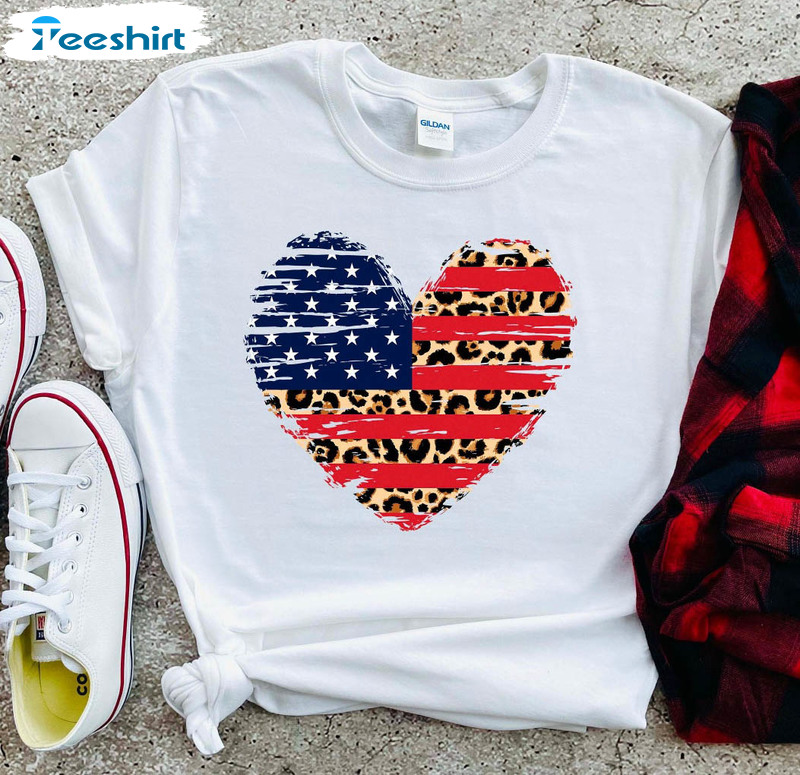 American Flag Heart Cute Shirt, Usa Flag Leopard Short Sleeve Unisex Hoodie