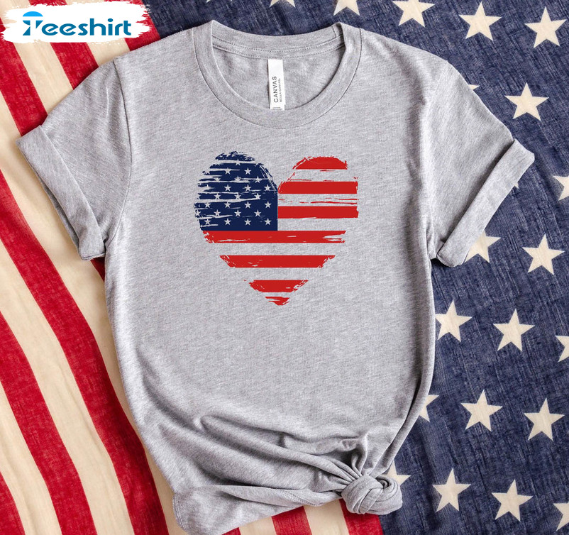 American Flag Heart Shirt, Patriotic Day Short Sleeve Sweater