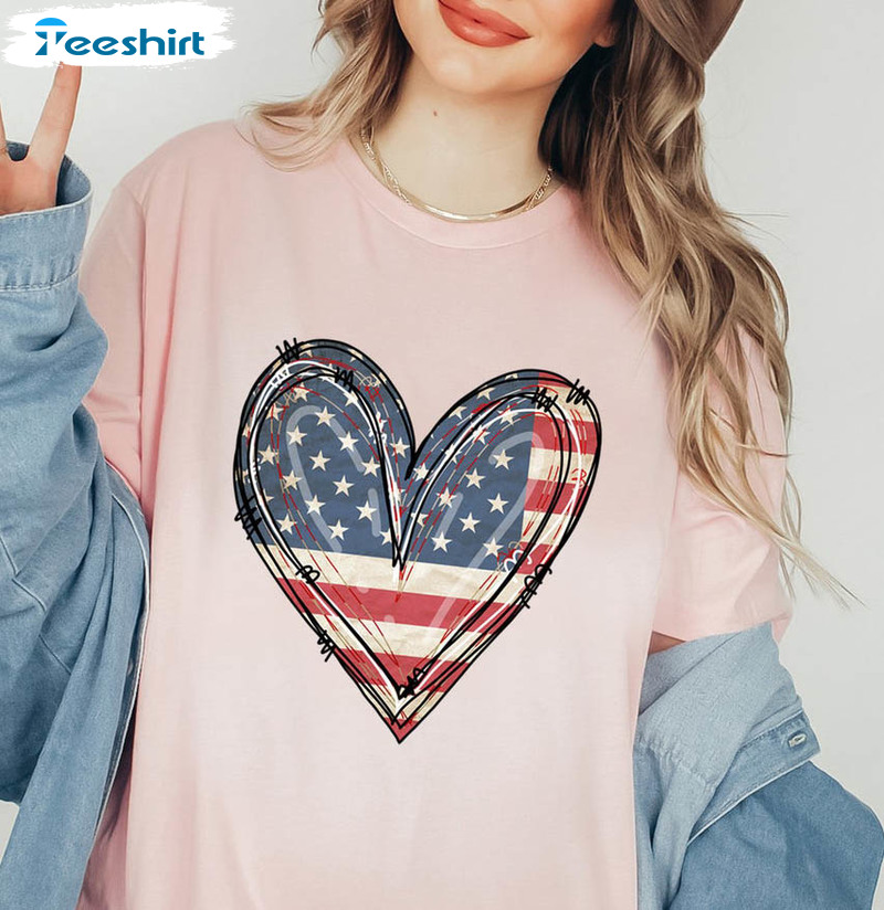 American Flag Heart Shirt, Independence Day Crewneck Unisex T-shirt