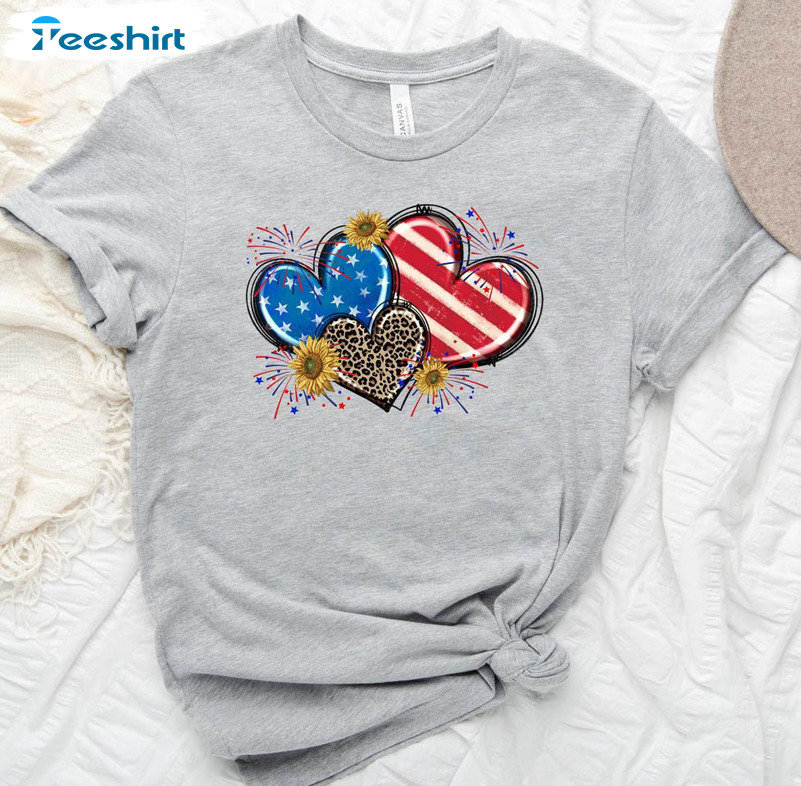 American Flag Heart Trendy Shirt, 4th Of July Long Sleeve Short Sleeve