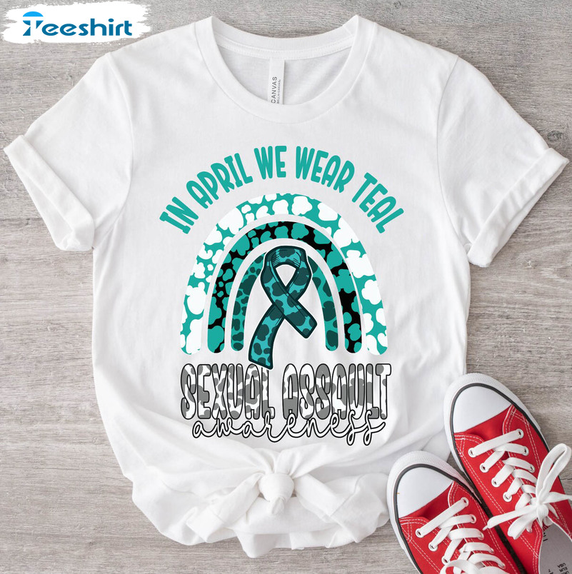 In April We Wear Teal Sexual Assault Awareness End Sexual Assault Shirt, Vintage Rainbow Unisex Hoodie Short Sleeve