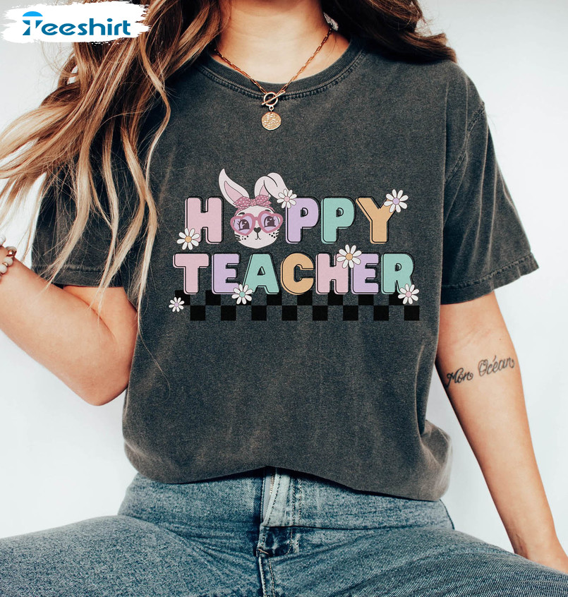 Teacher Easter Cute Shirt, Retro Easter Easter Bunny Hoppy Sweater Short Sleeve