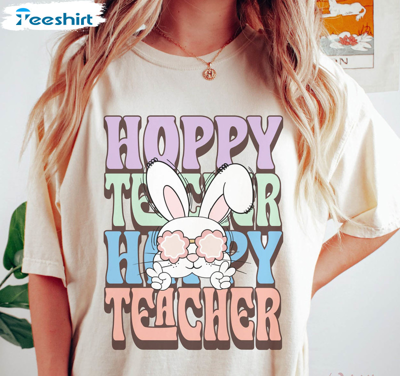 Teacher Bunny Shirt, Bunny Ears Teacher Easter Tee Tops Short Sleeve