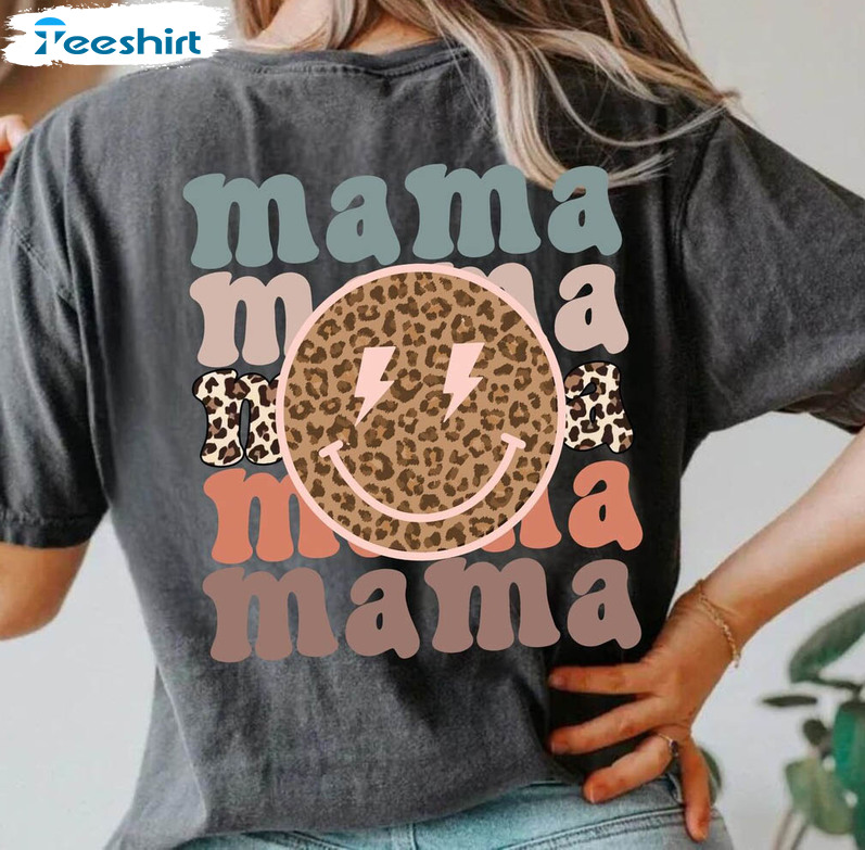 Mama Miley Face Leopard Shirt, Trendy Mom Tee Tops Short Sleeve