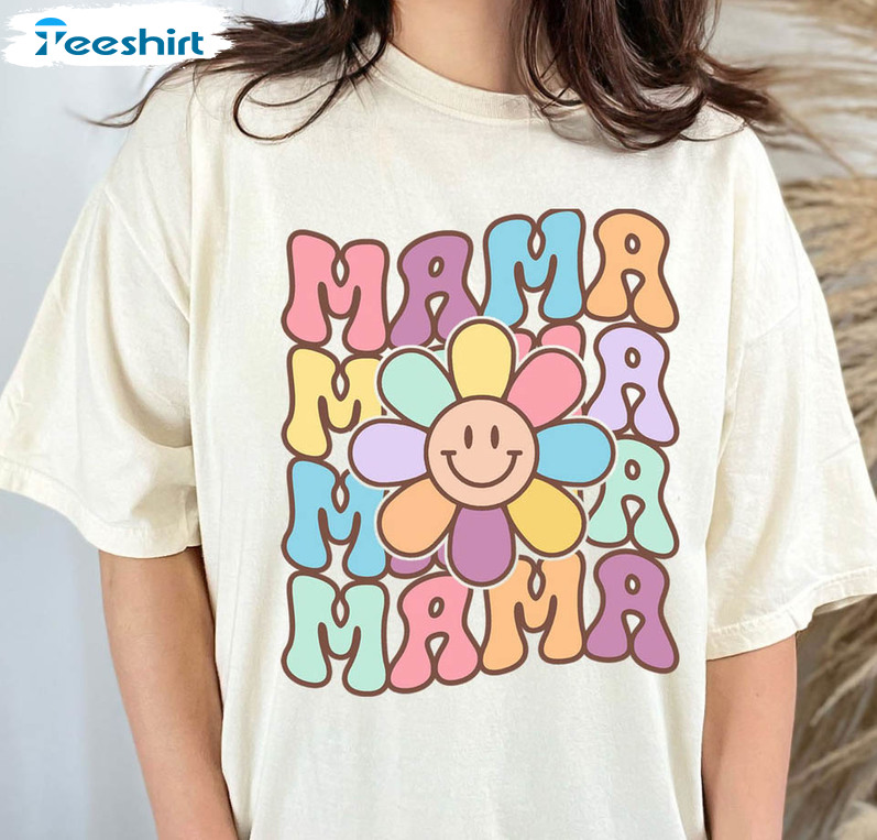 Retro Mama Smiley Face Shirt, Mothers Day Cute Crewneck Long Sleeve