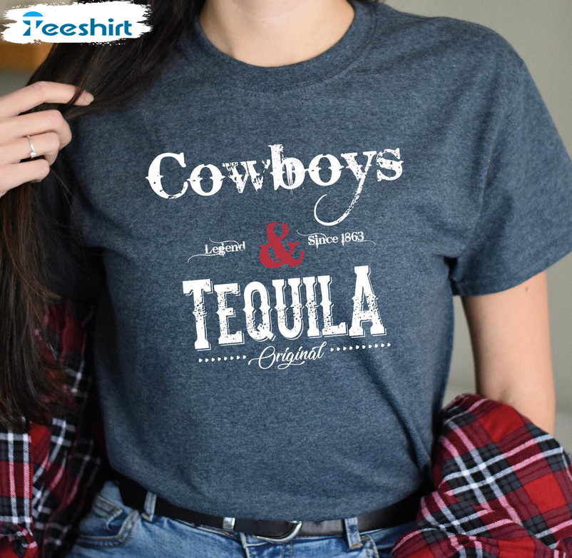 Cowboys And Tequila Trendy Shirt, Cowhide Western Crewneck Unisex T-shirt