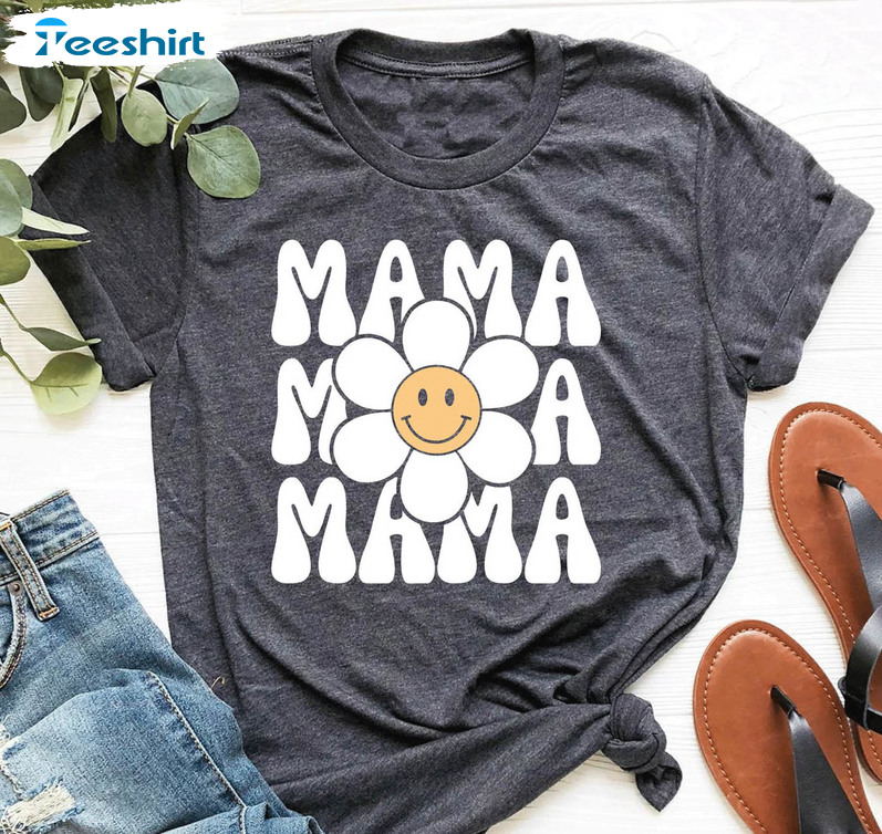 Happy Face Mama Groovy Shirt, Daisy Flower Smile Face Unisex T-shirt Short Sleeve