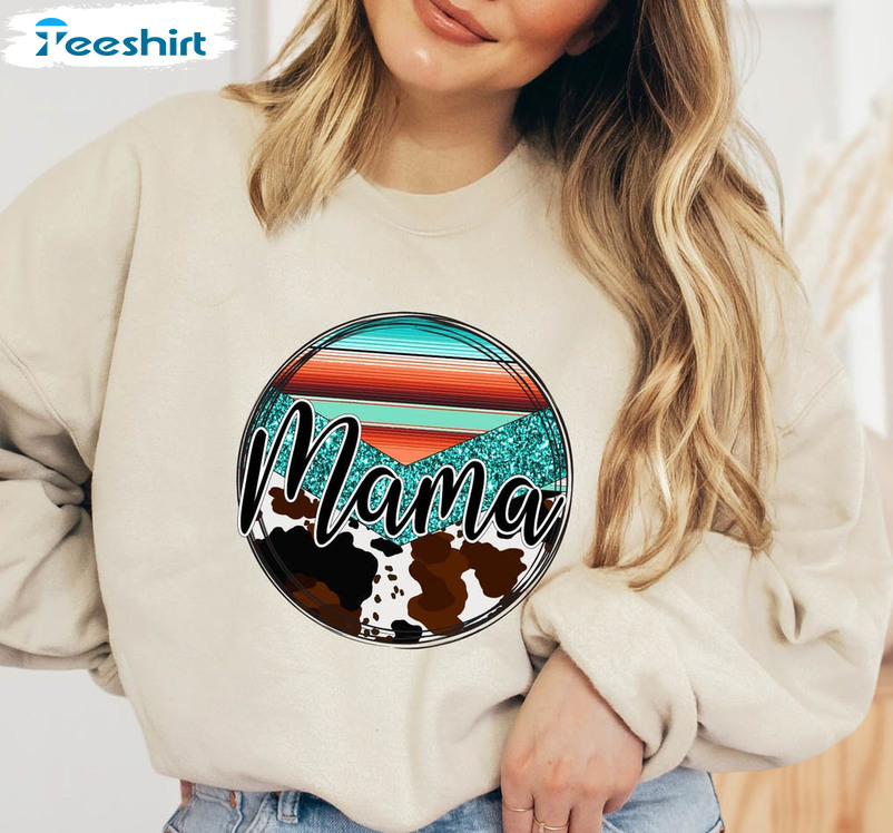 Serape Cowhide Mama Bleached Sweatshirt, Cow Print Accents Tee Tops Long Sleeve