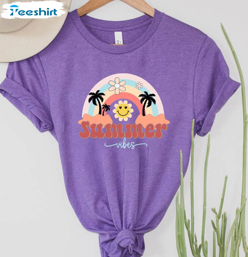 Summer Vibes Trendy Shirt, Rainbow Summer Vacation Unisex T-shirt Long Sleeve