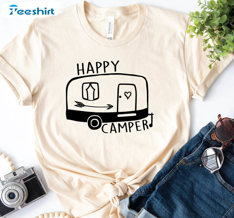 Happy Camper Trendy Shirt, Camper Hiking Crewneck Unisex Hoodie