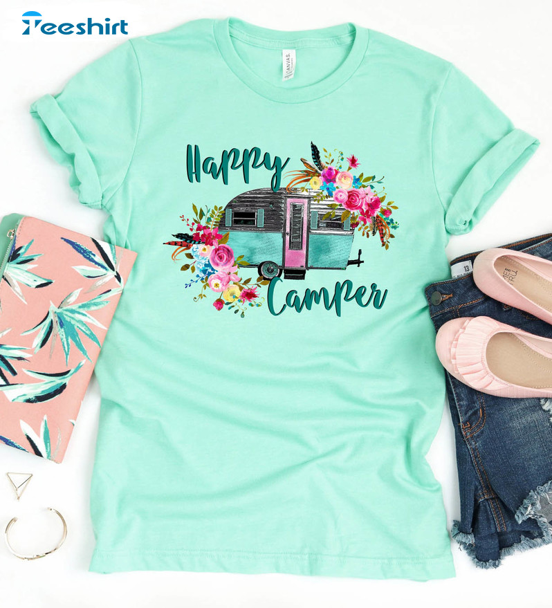 Happy Camper Cute Shirt, Vintage Camping Flower Unisex Hoodie Short Sleeve