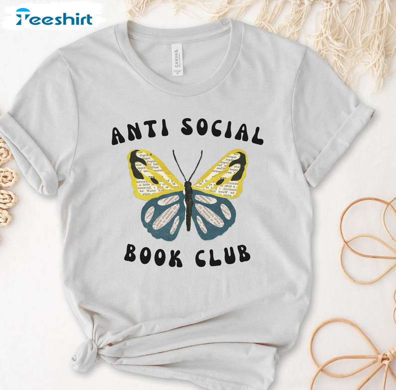 Antisocial Book Club Butterfly Shirt, Funny Introvert Tee Tops Unisex Hoodie