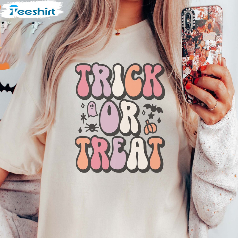 Trick Or Treat T Shirt - Halloween Pumpkin Ghost Bat Graphics Shirt Short Sleeve Teeshirt