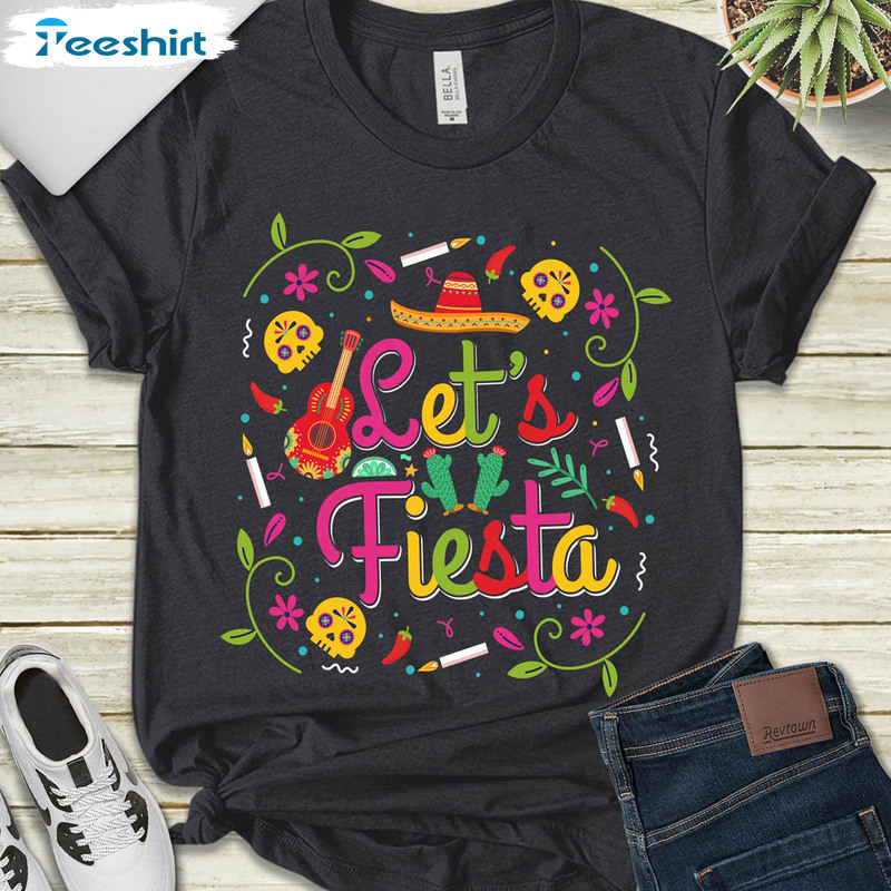 Let's Fiesta Funny Shirt, Mexican Maracas Sombrero Unisex T-shirt Long Sleeve