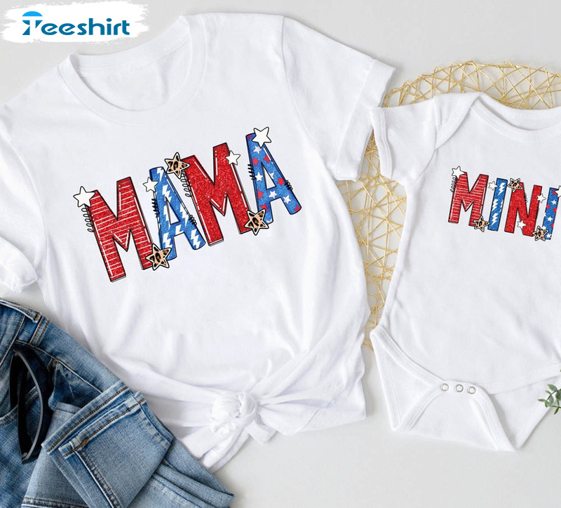 Mama And Mini American Flag Shirt, Patriotic Day Short Sleeve Unisex T-shirt