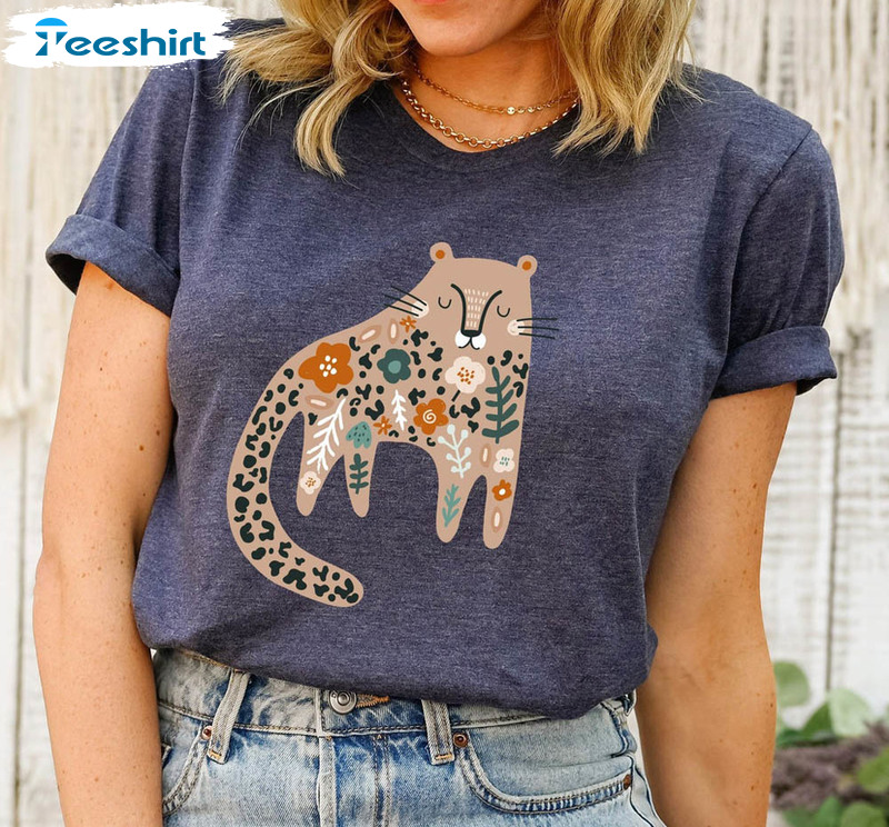 Trendy Boho Tiger Shirt, Botanical Floral Tiger Tee Tops Sweatshirt