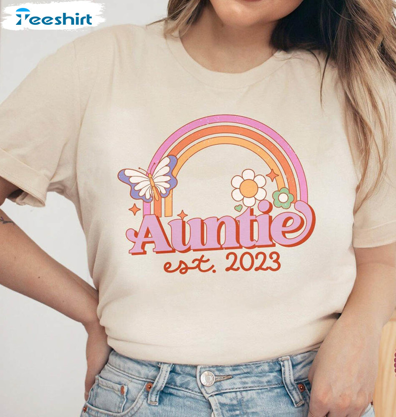 Auntie Est 2023 Shirt, Rainbow Best Auntie Short Sleeve Unisex Hoodie