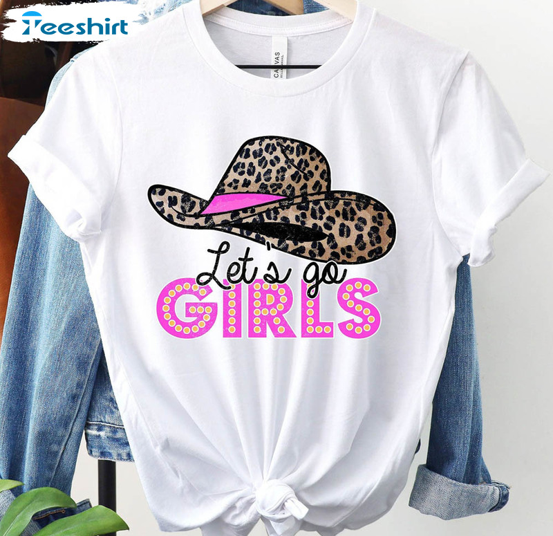Lets Go Girls Shirt, Cowboy Hat Pink Leopard Crewneck Unisex Hoodie