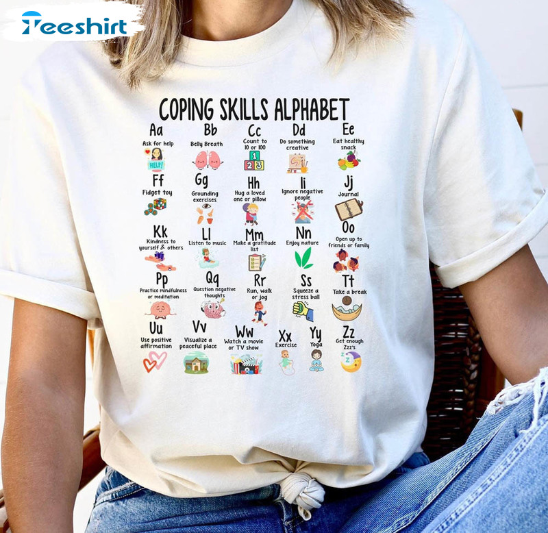 Mental Health Shirt, Coping Skills Alphabet Tee Tops Short Sleeve