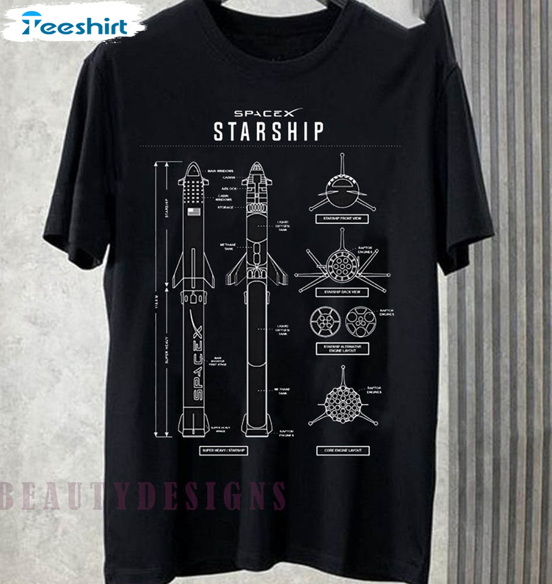 Spacex Starship Blueprint Shirt, Rocket Lover Unisex T-shirt Crewneck