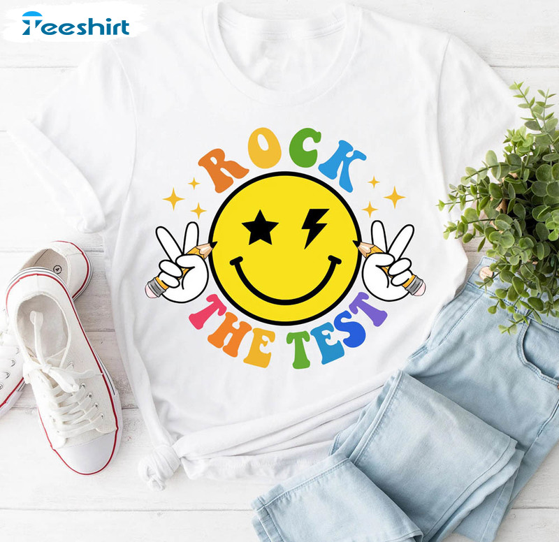 Rock The Test Cute Shirt, Smile Face Teacher Short Sleeve Unisex Hoodie