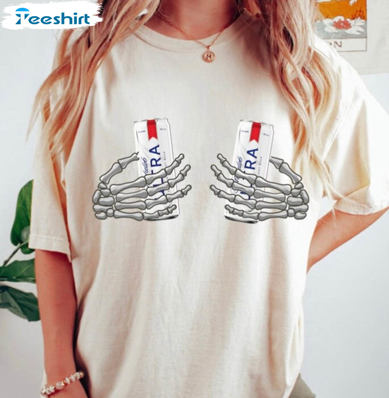 Skeleton Hands Beer Shirt, Funny Crewneck Unisex T-shirt