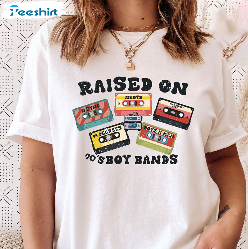 Raised On 90s Boy Bands Vintage Shirt, Cassette Tapes Crewneck Unisex T-shirt