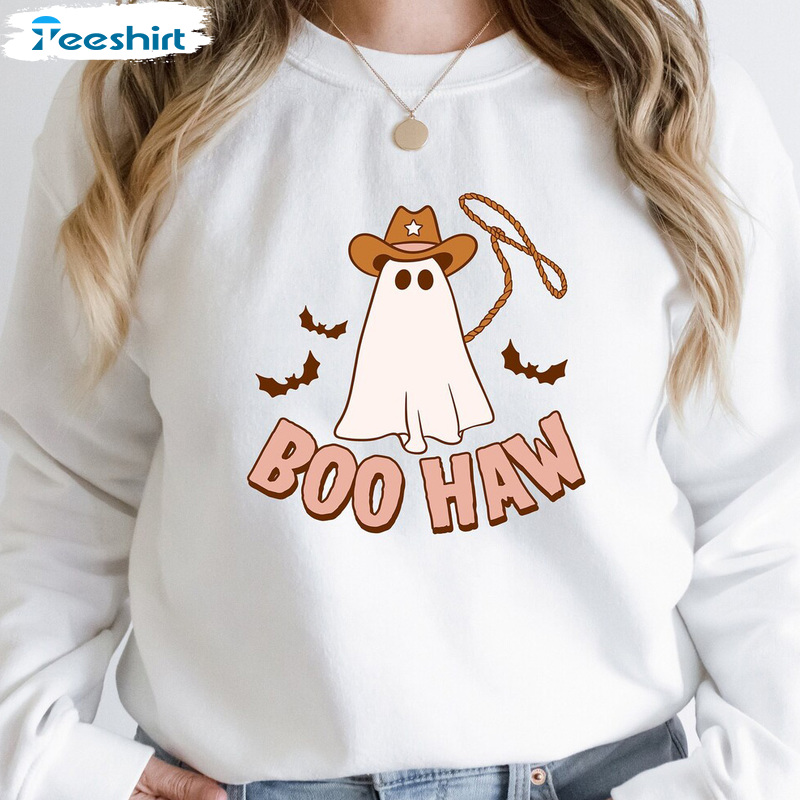 Boo Haw Halloween Graphic Art Shirt, Cute Boo And Halloween Bat Retro Sweatshirt Hoodie