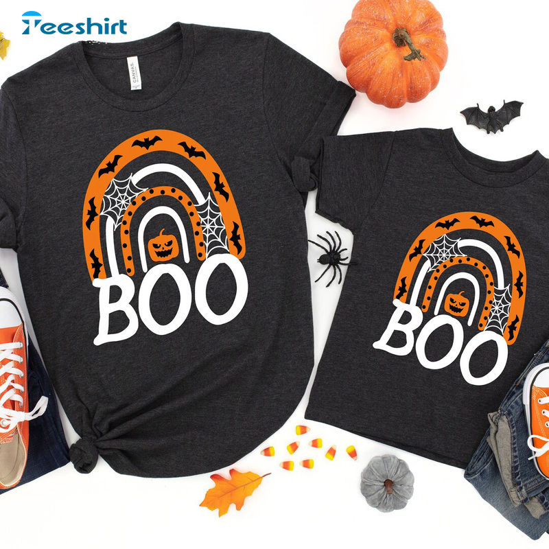 Boo Crew Sweatshirt, Halloween Rainbow Sleeve Shirt, Bat And Pumpkin T-Shirt For Adults And Child