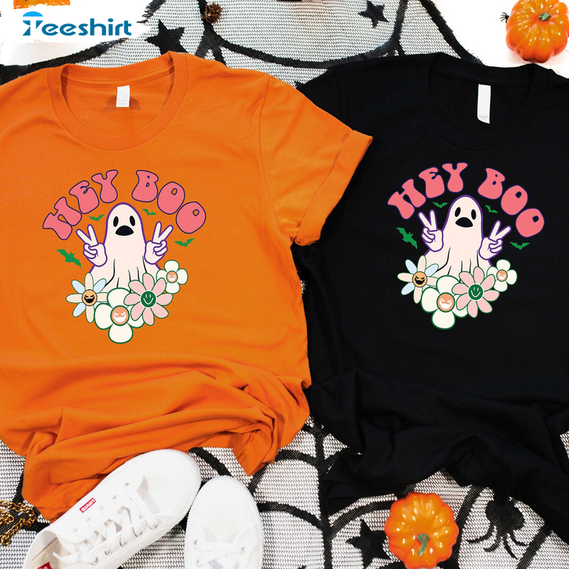Hey Boo Sweatshirt For Girl, Peace Ghost Shirt Hoodie, Spooky Season Classic Tee Tops