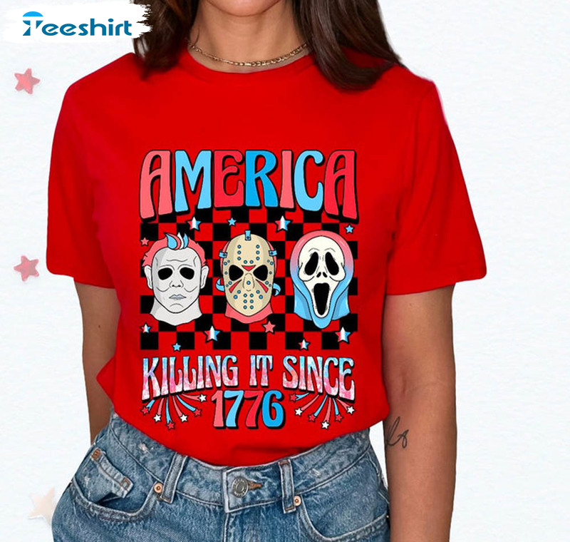 Party In The Usa Independence Day Shirt, 4th Of July Horror Short Sleeve Sweatshirt
