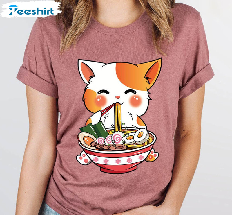 Cat Ramen Kawaii Anime Shirt, Japanese Korean Noodle Long Sleeve Crewneck