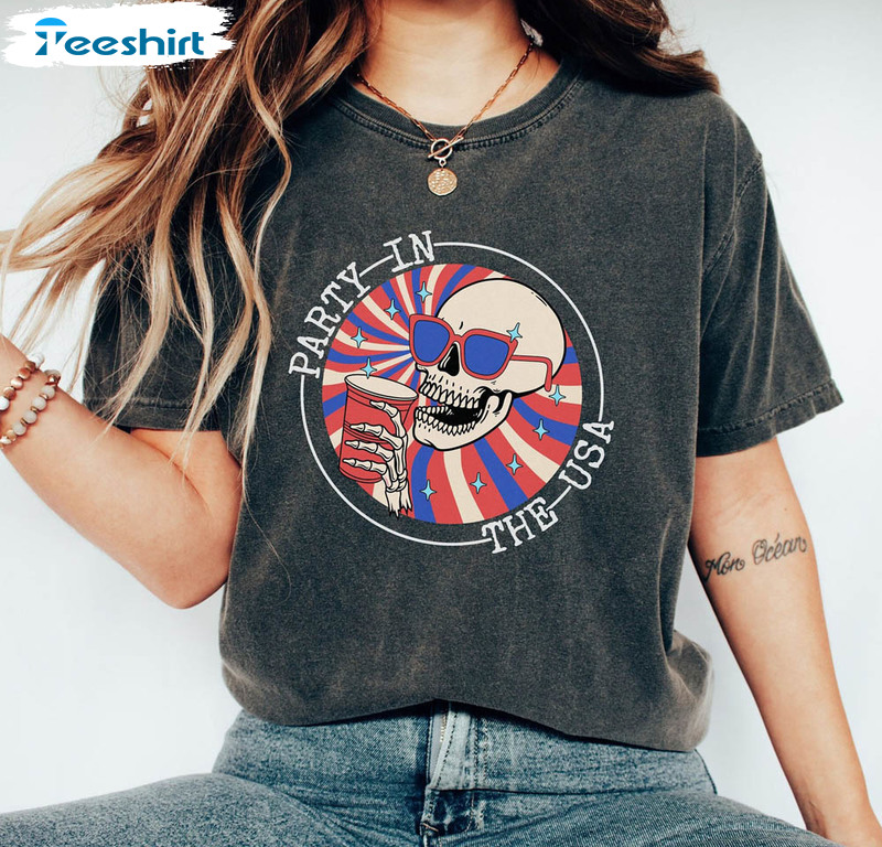 Retro Party In The Usa Shirt, Funny Skull Short Sleeve Tee Tops