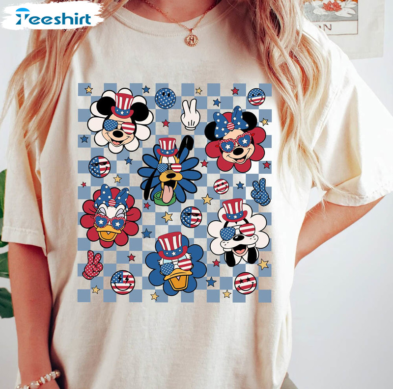 Disney 4th Of July Shirt , Retro Mickey And Friends Checkered Sweater Short Sleeve