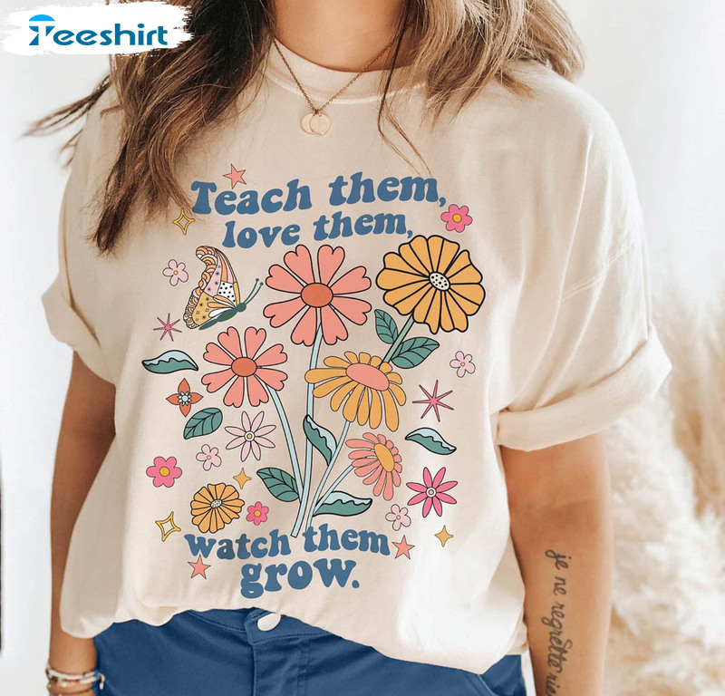 Vintage Teach Them Love Them Watch Them Grow Shirt, Retro 1970s Butterfly Crewneck Tee Tops