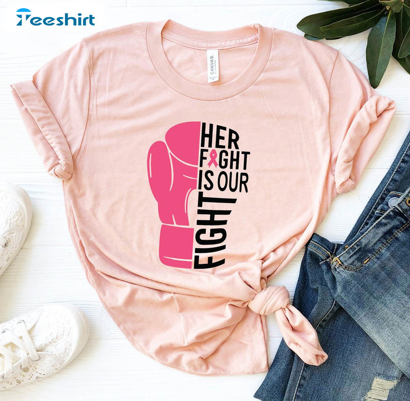 Her Fight Is Our Fight Breast Cancer Shirt, Breast Cancer Cancer Warrior Long Sleeve Unisex Hoodie