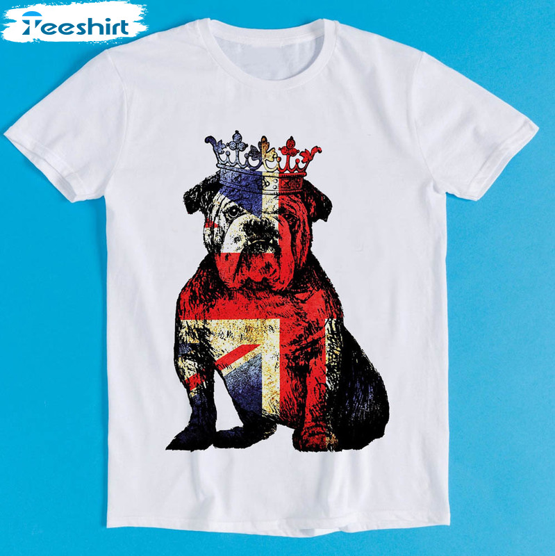 Buldog British Shirt, Dog Union Jack Flag England Crown Coronation King Queen Unisex T-shirt Long Sleeve