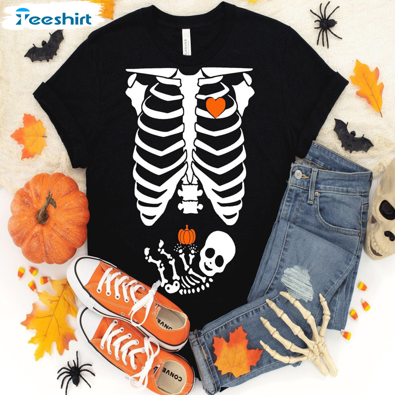 Maternity Halloween Sweatshirt, Maternity Halloween Shirt Hoodie, Funny Halloween Skeleton Graphic Art Shirt
